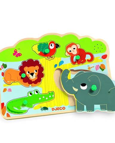 Drevené vkladacie puzzle s motívmi zvieratiek z džungle so zvukmi Djeco