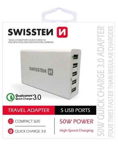 Nabíjačka Swissten 5xUSB 50 W, rýchlonabíjanie a smart nabíjanie