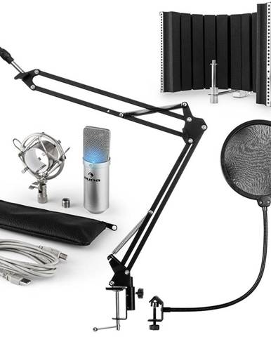 Auna MIC-900S-LED, USB mikrofónová sada V5, strieborná, kondenzátorový mikrofón, pop filter, akustická clona, rameno