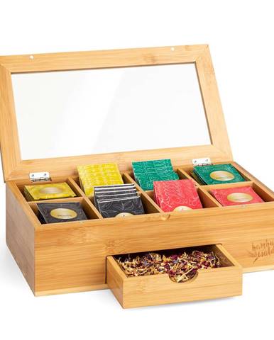 Klarstein Krabička na čaj s extra priehradkou, 8 vnútorných priehradiek, 120 čajových vrecúšok, plastové okienko, bambus
