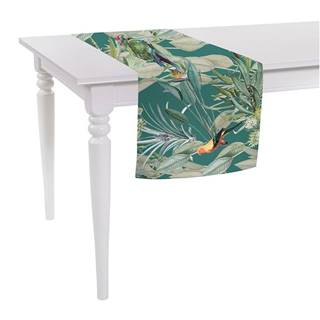 Zelený behúň na stôl Mike & Co. NEW YORK Jungle Birds, 140 x 40 cm