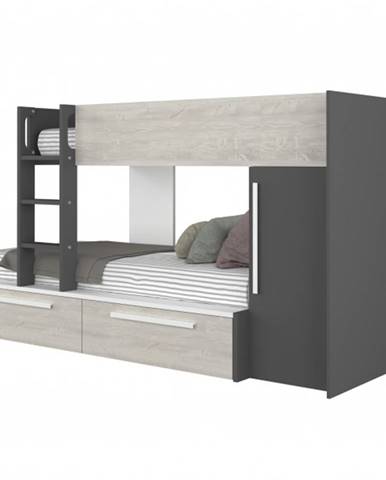 Poschodová posteľ so skriňou EMMET I pínia cascina/sivá, 90x200 cm