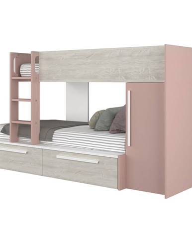 Poschodová posteľ so skriňou EMMET I pínia cascina/staroružová, 90x200 cm