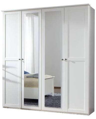 Šatníková skriňa CHASE biela, 4 dvere, 2 zrkadlá