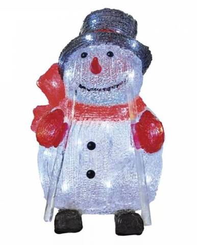 LED vianočný snehuliak na lyžiach, 28 cm, vonkajší aj vnútorný, studená biela, časovač