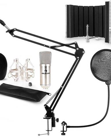 Auna CM001S mikrofónová sada V5 kondenzátorový mikrofón, mikrofónové rameno, pop filter, panel, strieborná farba