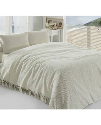 Krémovobiely ľahký bavlnený pléd cez posteľ na dvojlôžko Pique, 220 × 240 cm